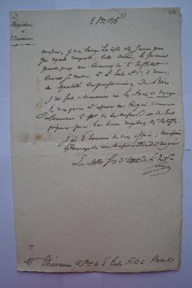 lettre accompagnant la liste des premiers Grands Prix 1818, servant de sous-pochette et contenant...