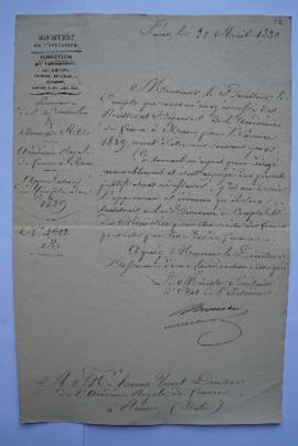lettre approbation du compte de 1829, du ministre de l’Intérieur, Montbel, à Horace Vernet, fol. ...