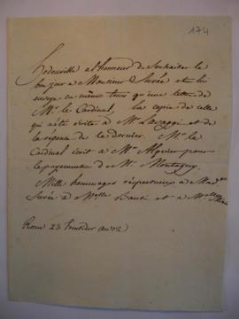 Lettre écrite par Hédouville, accompagnant une copie de la lettre écrite par le Cardinal Fesch à ...