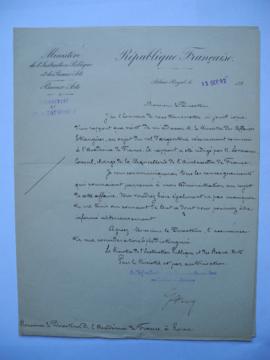 1892, 15 septembre : lettre du chef du Secrétariat des Services des Beaux-arts au Cabinet du Mini...