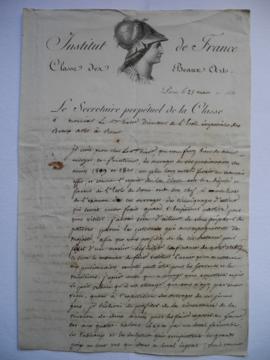 lettre demandant l’envoi des ouvrages des pensionnaires des années 1809 et 1810, parlant de la fu...