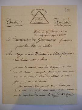 Lettre sur l'état des objets d’art expédiés à l'Académie, du commissaire Léon Dufourny à Joseph-B...