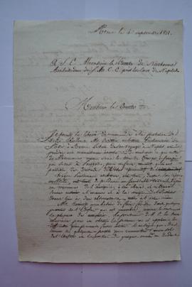 lettre recommandant à la protection du duc de Narbonne M. Caristie, pensionnaire en voyage à Napl...