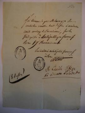 Ordre de payement à Cecilia, concierge de l’Académie et sa quittance,par Artaud, secrétaire de l’...