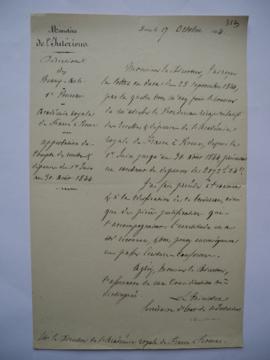 lettre portant l’approbation du compte des recettes et dépenses du 1er juin au 31 août 1844, du c...