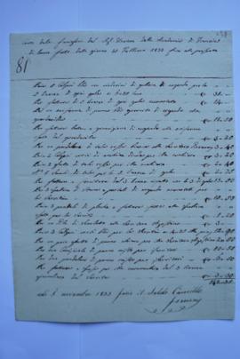 facture et quittance pour les travaux du 21 février 1833, du tailleur Camillo Forneri à Horace Ve...
