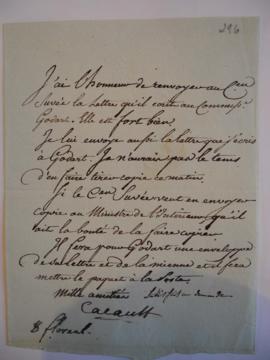 Billet accompagnant des copies de lettres écrites à M. Godart, de Cacault à Joseph-Benoît Suvée, ...
