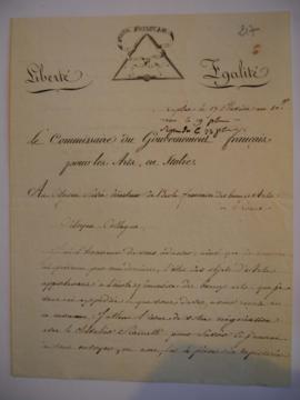 Lettre sur l’état des objets d’art expédiés à l'Académie, du commissaire Léon Dufourny à Joseph-B...