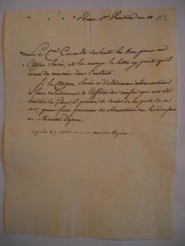 Billet joint à une lettre concernant l’affaire des caisses visitées à Gênes, de Cacault, ministre...