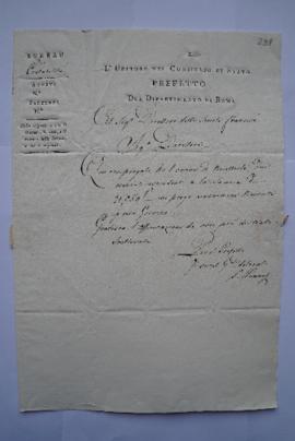 lettre transmettant deux mandats de paiement du préfet du département de Rome, bureau de Comptabi...