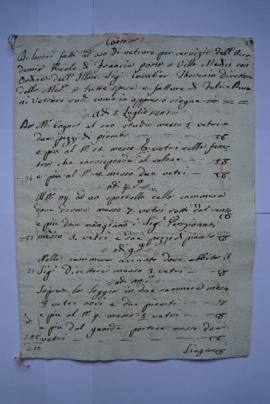 cahier de comptes et quittance pour ls travaux de juillet à novembre 1821, du vitrier Felice Dura...