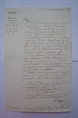 lettre demandant de notes sur les besoins de 1821, du secrétaire d’État à Charles Thévenin, fol. 336