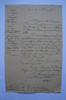 lettre approbation du compte de 1832, du ministre du Commerce et des Travaux publics, Thiers, à H...