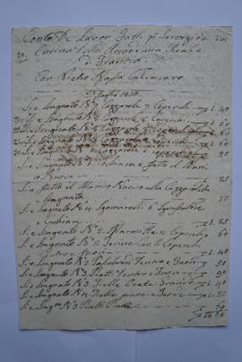 cahier de comptes et quittance pour les travaux du 20 juillet 1830, du chaudronnier Pietro Massa ...