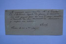 quittance pour le traitement d’octobre au décembre 1825, du musicien Louis Constant Ermel à Pierr...