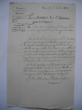 lettre autorisation à Joseph Daussoigne-Mehul, de se rendre à Naples pour y continuer ses études ...