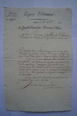 lettre informant des démarches en faveur du directeur, de Lacépède, grand chancelier, à Lethière,...