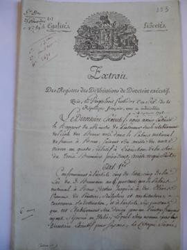 « Extrait Des Registres du Directoire exécutif », de François de Neufchâteau, ministre de l’Intér...