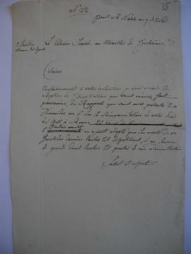 Brouillon de lettre accusant la bonne réception d’une ampliation du Rapport du 30 juillet 1798 su...