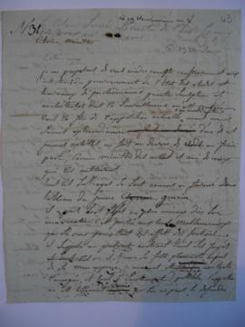 Brouillon de lettre demande le soutien pour le peintre Guérin, grâce à l'acquisition de son table...