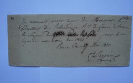 quittance pour la copie de l’envoi de 1831, du compositeur Ross-Despréaux à Horace Vernet, fol. 467