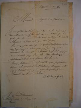 Lettre accompagnant une copie de la lettre de recommandation du cardinal Fesch au ministre de l'I...