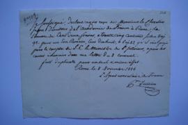 lettre du 3 novembre 1836 et quittance pour le compte du ministre de l’Intérieur, de l’agent cons...