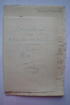 « Correspondance avec l’Ambassade et les Autorités pontif. M. Thévenin. 1821. », minute du minist...