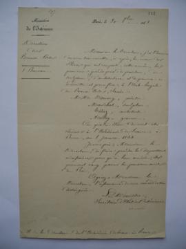 lettre transmettant les noms des élèves ayant remporté en 1843 les Premiers Grands prix de peintu...