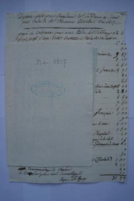 « Mai 1817 », état des dépenses de mai 1817 servant de sous-pochette contenant les fol. 102 à 109...