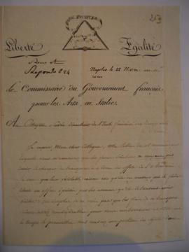 Lettre concernant le transport des effets enlevés à l'Académie, du commissaire Léon Dufourny à Jo...