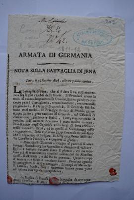 « Armée d’Allemagne: Note sur la bataille d’Iéna » une feuille de journal servant de sous-pochett...