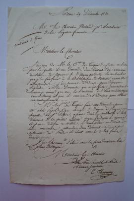 lettre concernant la demande du comte de Turpin de Crisse des dessins des armoiries des Villes de...