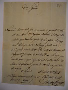 Lettre informant de l’envoi d’un coffre, de Oviterbe Menari, à Joseph-Benoît Suvée, fol. 339-340
