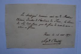 quittance pour les frais du voyage de retour en France, d’Auguste Caristie à Charles Thévenin, fo...