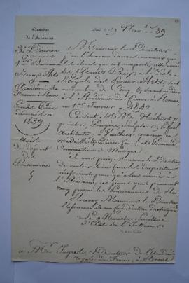 lettre annonçant les Grands Prix décernés en 1839 et l’avis du départ des pensionnaires pour se r...
