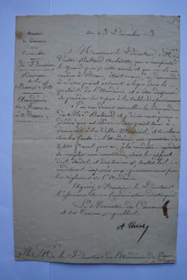lettre autorisant l’architecte Victor Baltard, étant marié, d’être logé hors l’Académie, du minis...