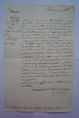lettre accusant réception d’un compte rendu de l’année 1817 et donnant des explications concernan...