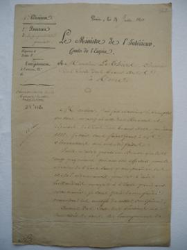 lettre sur les comptes de 1811 demandant de certifier les payements des pensionnaires, du ministr...