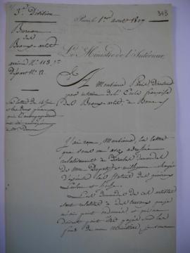 Lettre informant que la lettre de Pâris du 14 juin et les deux pièces qui l’accompagnent ont été ...