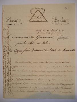 Lettre concernant l’affaire de l’indemnité pour les plâtres restés à Naples, du commissaire Léon ...