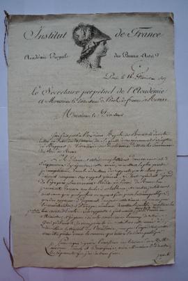 lettre au sujet du report sur les envois, de Quatremère de Quincy, secrétaire perpétuel de l’Acad...