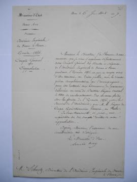 lettre au sujet de l’approbation du compte général de l’exercice 1856, d’Achille Fould, ministre ...