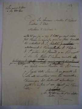 Brouillon de lettre informant d’une visite chez le cardinal ministre, de Joseph-Benoît Suvée au c...