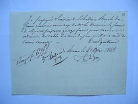 quittance pour traitement et indemnité de table des mois de juin, juillet et août 1843, du secrét...