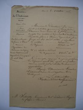 lettre portant l’approbation du bordereau des dépenses depuis le 1er juin jusqu’au 31 août 1846, ...