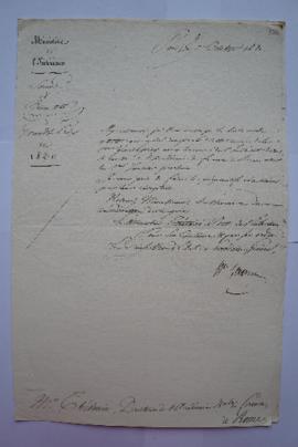 lettre informant des grands Prix de Rome de 1820 et leur liste en pièce jointe du secrétaire d’Ét...