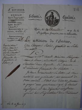 Lettre transmettant une lettre de Cacault sur la situation de l’Académie française de peinture à ...