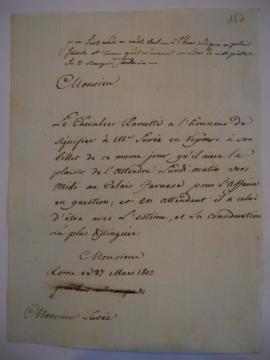 Lettre d’invitation du chevalier Ramette à Joseph-Benoît Suvée, avec brouillon de la réponse de J...