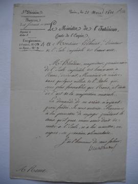 lettre autorisant Auguste Blondeau, compositeur, à se rendre dans quelques villes d’Italie, plus ...